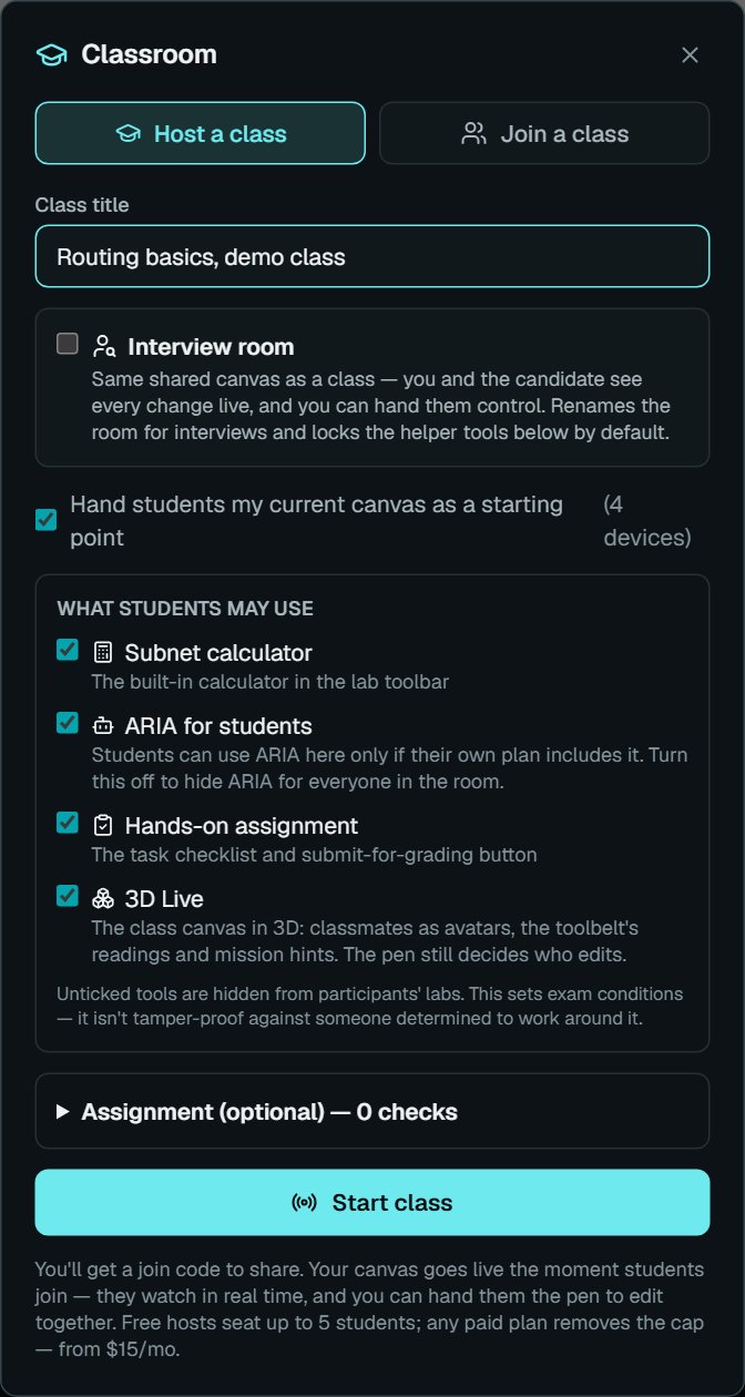 Hosting a class: a title, the current canvas as the students' starting point, and which tools students may use