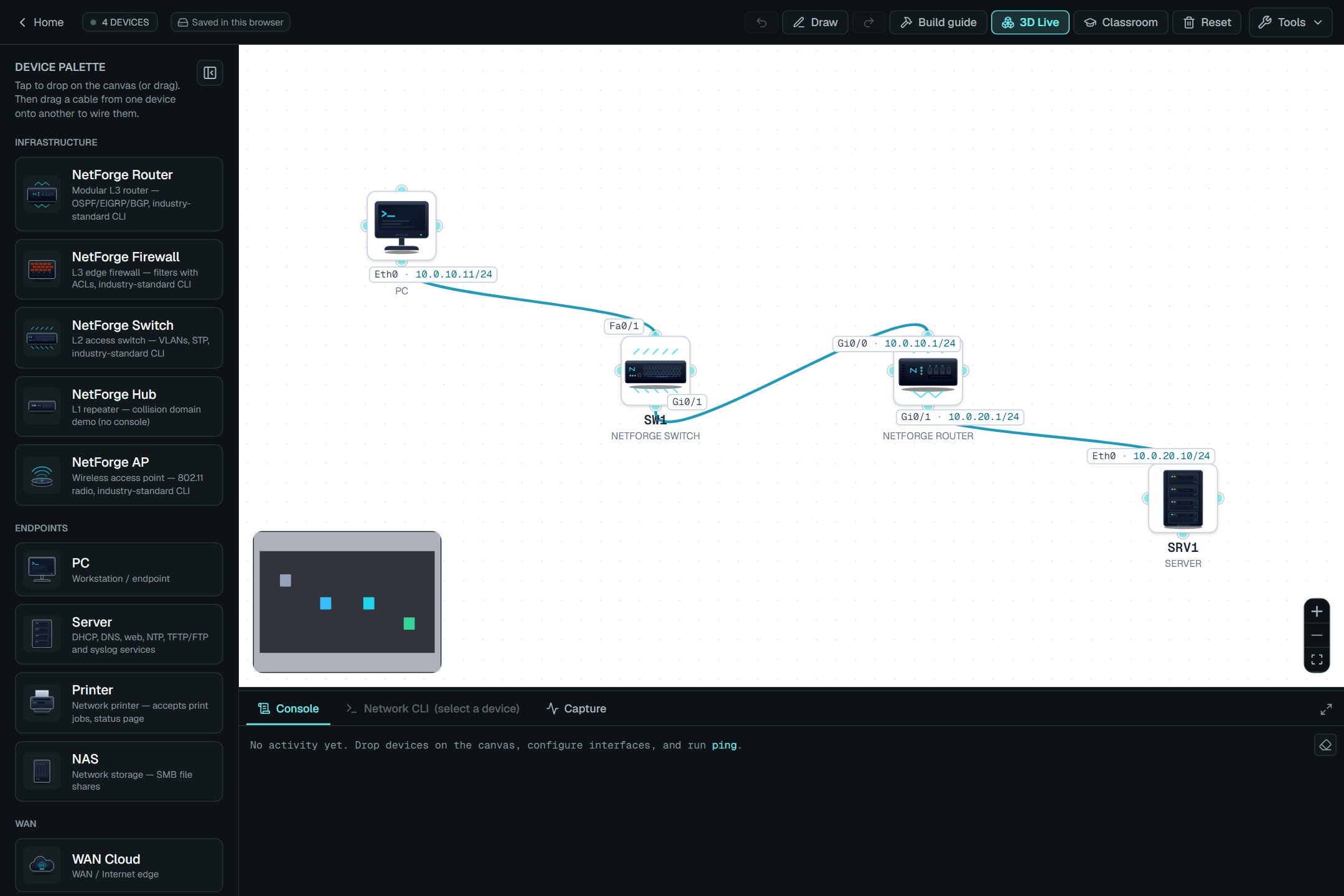 The lab with a small demo network (PC, switch, router, server) and the Classroom button in the toolbar