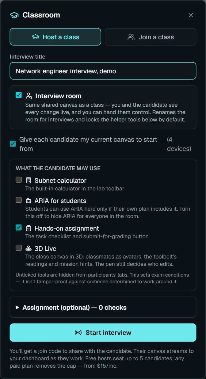Interview room ticked: the subnet calculator, ARIA and 3D Live are off for the candidate by default